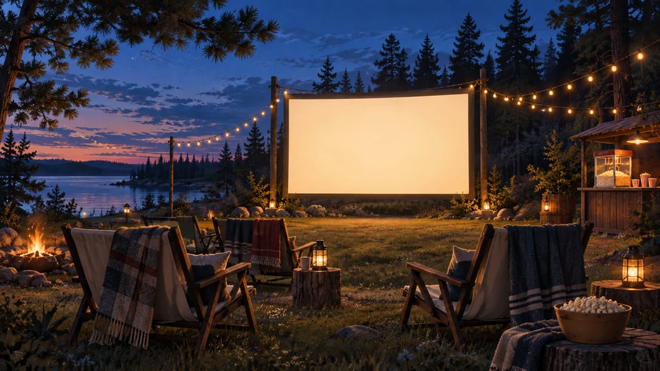 Concept illustration of a glowing outdoor cinema screen beside a lake at dusk, with warm lights and chairs.